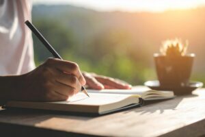 Persona escribiendo un relato de escritura de ficción en un cuaderno.