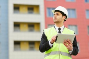 Encargado de obra con casco y tablet revisando un edificio durante la planificación constructiva.